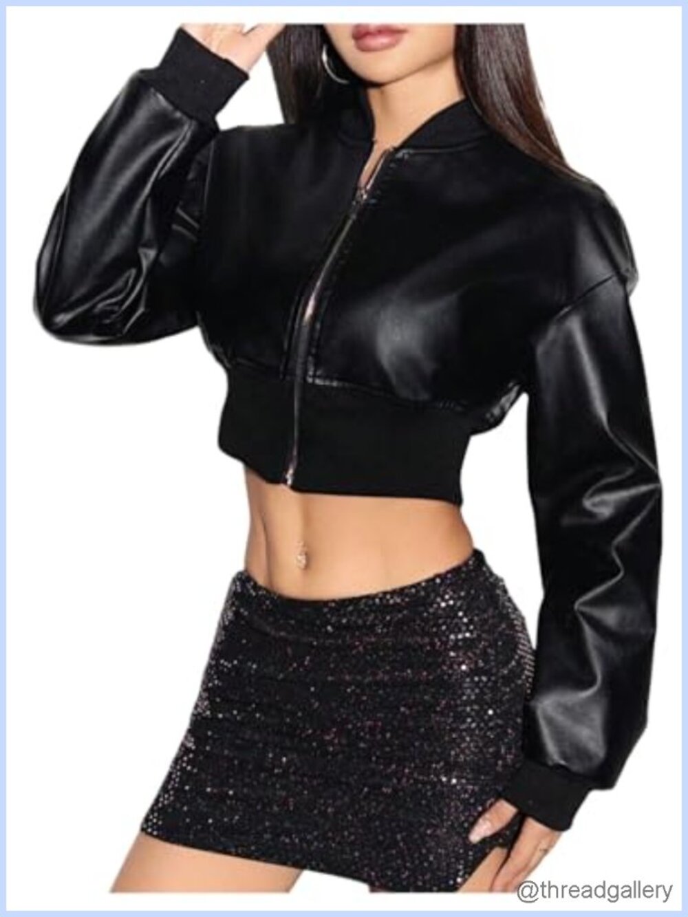 Cropped Faux Leather Moto Biker Jacket Women Zip Up Long Sleeve Bomber